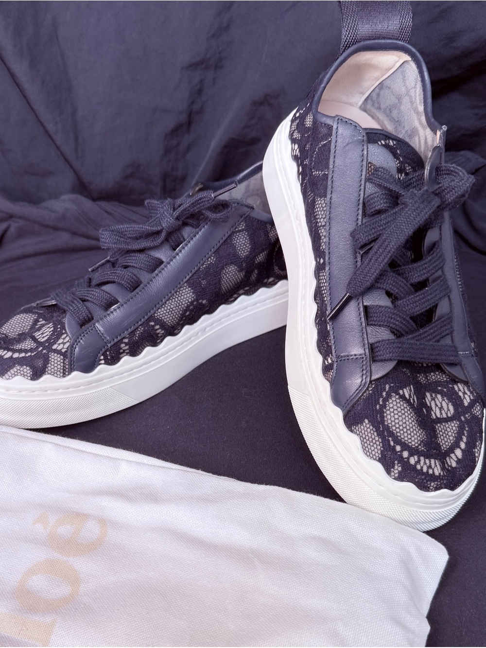 Chloe- Navy Lace Overlay Sneakers with White Platform Sz 39
